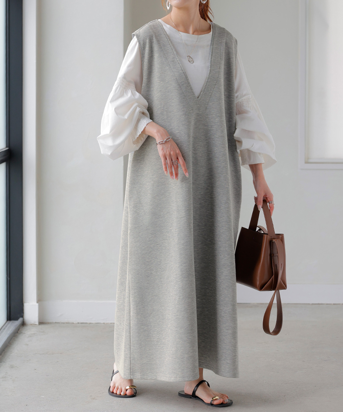 ワンピース 超伸び 深V サロペット ポンチ ワンピ レディース ロング ロングワンピース 半袖 マキシ Vネック ノースリーブ レイヤード ジャンパースカート | HUG.U | 02