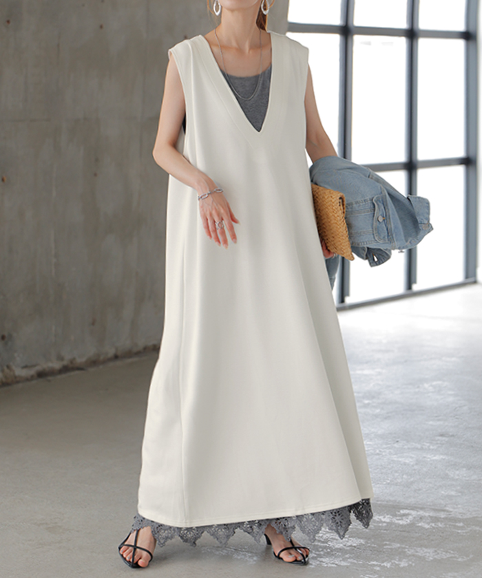 ワンピース 超伸び 深V サロペット ポンチ ワンピ レディース ロング ロングワンピース 半袖 マキシ Vネック ノースリーブ レイヤード ジャンパースカート | HUG.U | 01