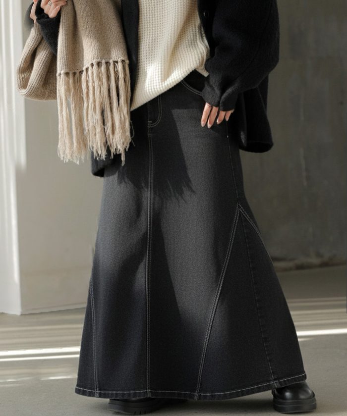 黒 ロングスカート フレア 足長 痩せ見え XL Aライン ハイウエスト 通学