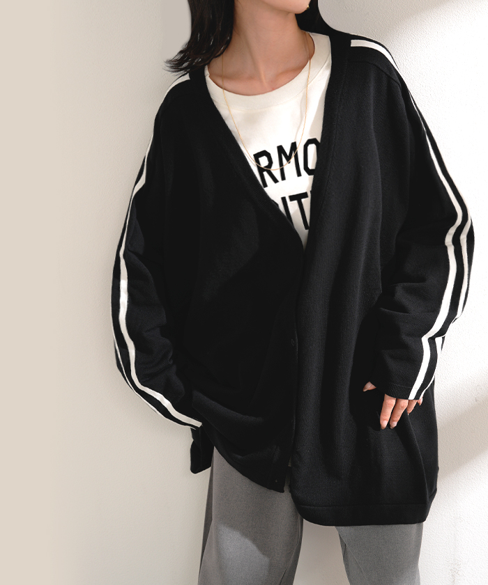 カーディガン ニット ライン ロング レディース カーデ トップス セーター オーバー プルオーバー ニットカーディガン 長袖 長い Vネック | HUG.U | 02