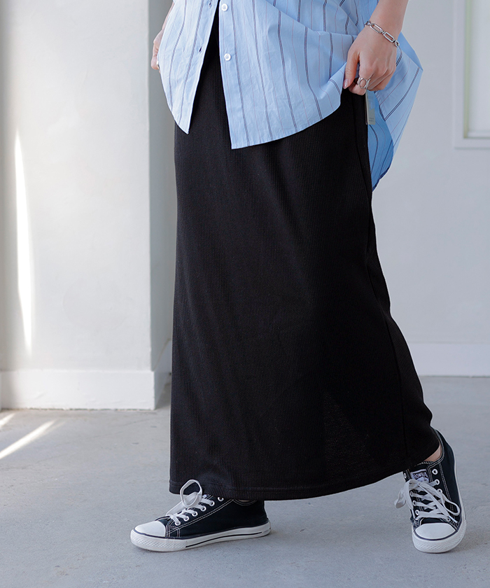 スカート ワッフル タイトスカート レディース ボトムス 無地 ナロースカート ストレッチ ウエストゴム 着痩せ | HUG.U | 05