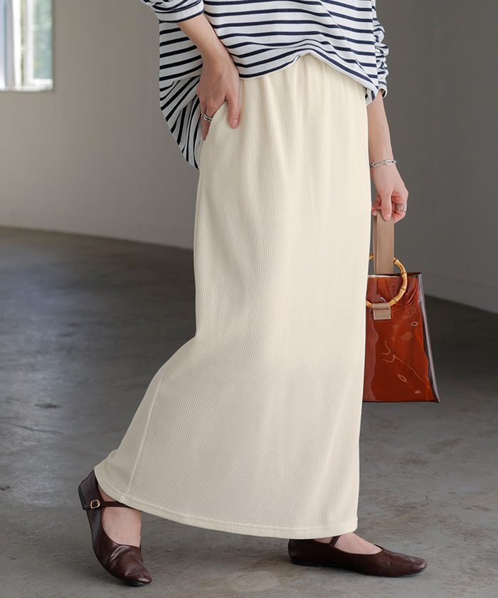 スカート ワッフル タイトスカート レディース ボトムス 無地 ナロースカート ストレッチ ウエストゴム 着痩せ | HUG.U | 01