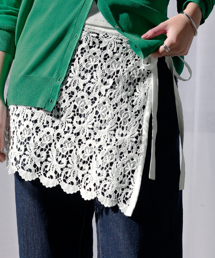 付け裾 レース レディース レイヤード つけ裾 お尻が隠れる ケミカルレース つけすそ 重ね着 スカラップ 刺繍 花柄 フラワー 透け感 腰回りカバー ウエストゴム | HUG.U | 01