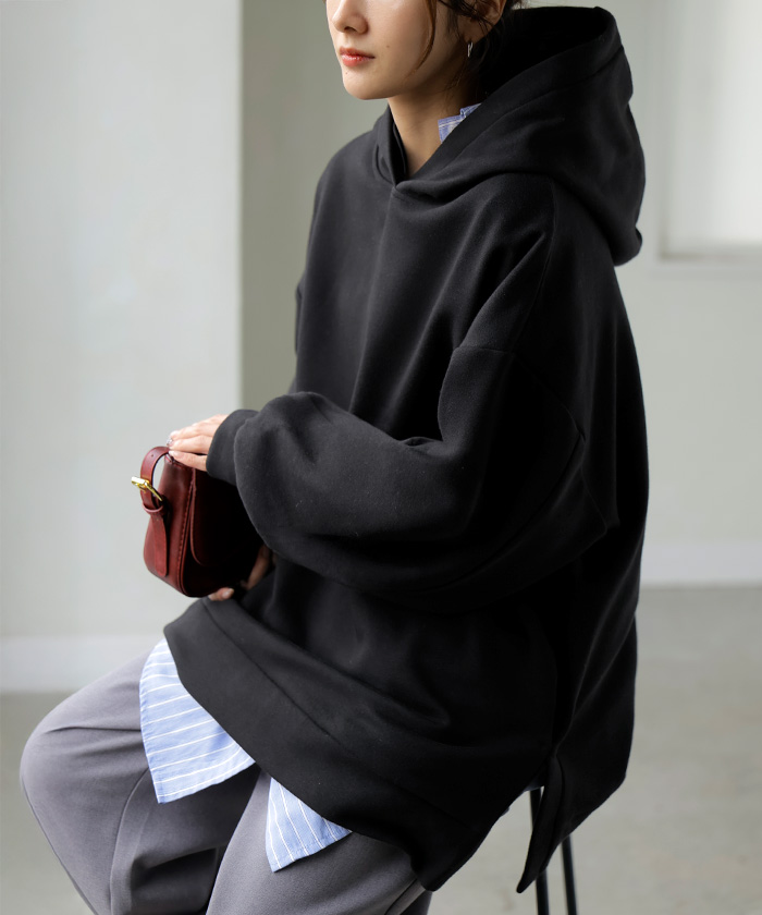 スウェット 特暖 裏シャギー パーカー レディース トップス ロング トレーナー フード フーディー プルオーバー 無地 長袖 ボリュームスリーブ リブ | HUG.U | 03