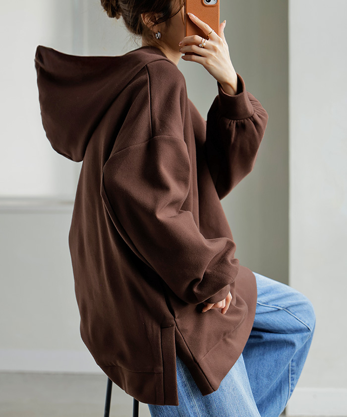 スウェット 特暖 裏シャギー パーカー レディース トップス ロング トレーナー フード フーディー プルオーバー 無地 長袖 ボリュームスリーブ リブ | HUG.U | 02