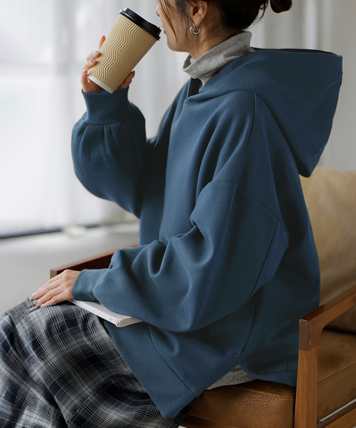 スウェット 特暖 裏シャギー パーカー レディース トップス ロング トレーナー フード フーディー プルオーバー 無地 長袖 ボリュームスリーブ リブ | HUG.U | 01