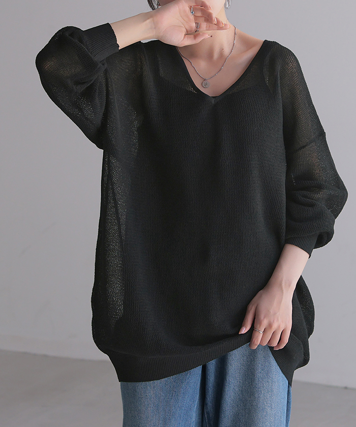ニット シャリ感 透かし編み レディース トップス セーター オーバー メッシュ プルオーバー Vネック | HUG.U | 05