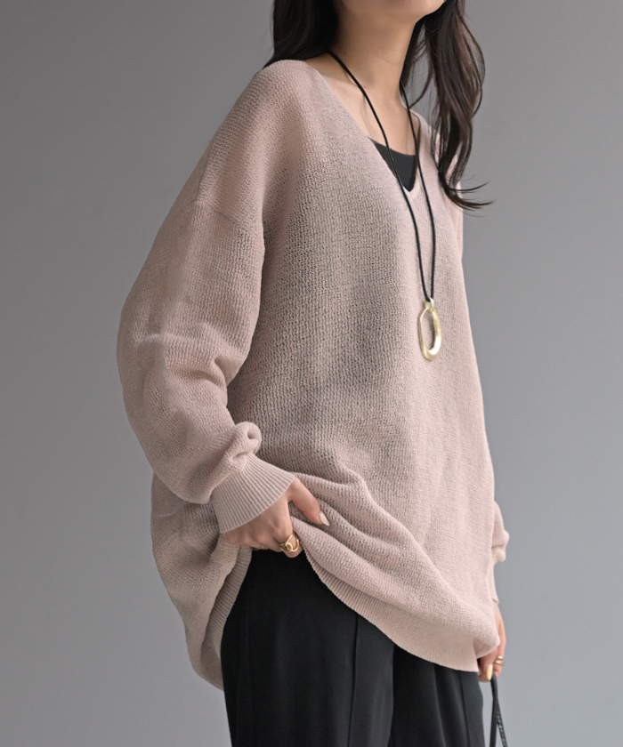 ニット シャリ感 透かし編み レディース トップス セーター オーバー メッシュ プルオーバー Vネック | HUG.U | 03