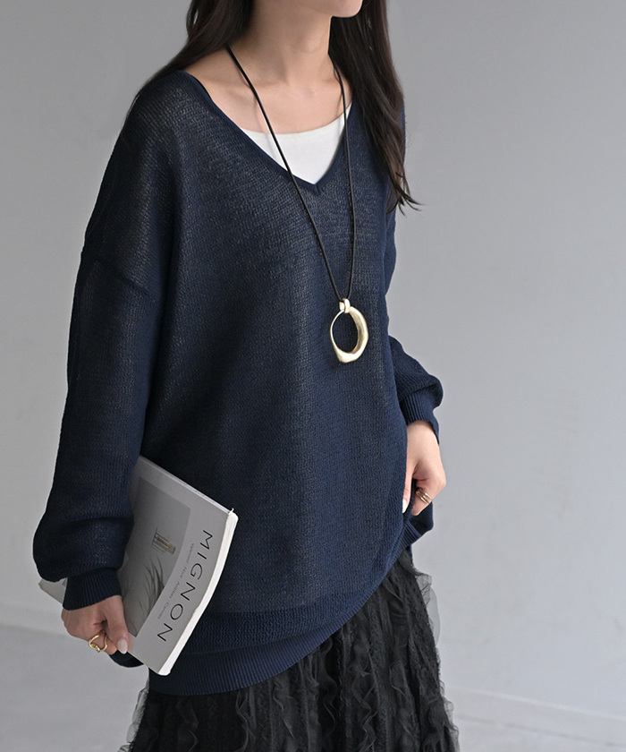 ニット シャリ感 透かし編み レディース トップス セーター オーバー メッシュ プルオーバー Vネック | HUG.U | 02