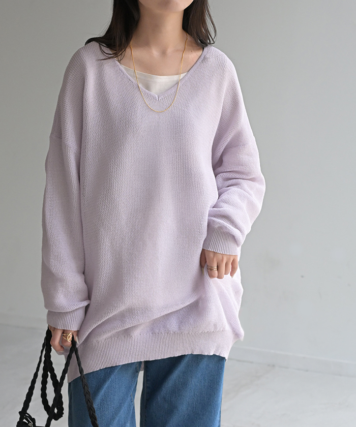 ニット シャリ感 透かし編み レディース トップス セーター オーバー メッシュ プルオーバー Vネック | HUG.U | 04