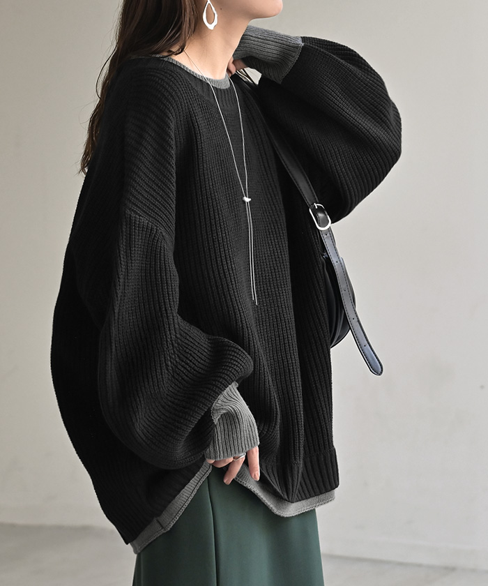 ニット バイカラー リブ編み レディース トップス セーター プルオーバー 長袖 配色 ボリュームスリーブ クルーネック サムホール リブ | HUG.U | 05