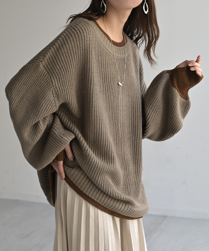 ニット バイカラー リブ編み レディース トップス セーター プルオーバー 長袖 配色 ボリュームスリーブ クルーネック サムホール リブ | HUG.U | 01