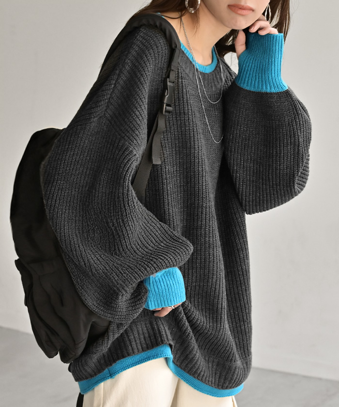 ニット バイカラー リブ編み レディース トップス セーター プルオーバー 長袖 配色 ボリュームスリーブ クルーネック サムホール リブ | HUG.U | 02