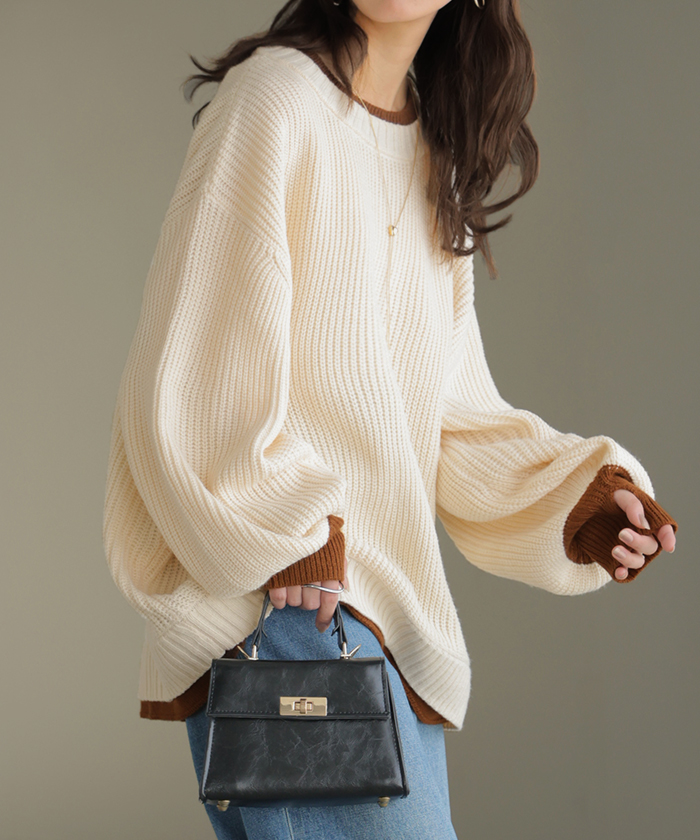 ニット バイカラー リブ編み レディース トップス セーター プルオーバー 長袖 配色 ボリュームスリーブ クルーネック サムホール リブ | HUG.U | 03