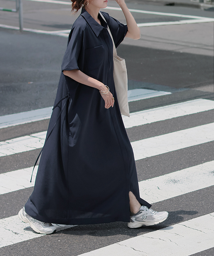 【未使用級・完売品】H.A.K / ハク ロングシャツワンピース ベルト付 濃紺 HUG.U（ハグユー） ワンピース シャツ シャツワンピース 麻 風 シャツ