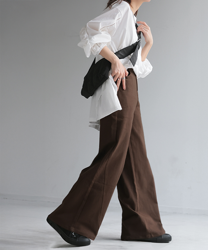 パンツ ワイド レディース 選べる 丈 バギー ワイドパンツ 綿 混 ロング ロングパンツ チノパン 体型カバー ボトムス ボトム ストレート ズボン ゆったり | HUG.U | 02