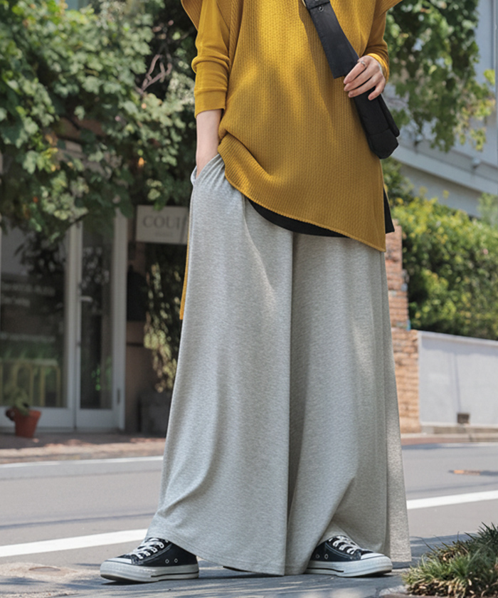 パンツ 腹巻付き ワイド レディース ワイドパンツ ロング ロングパンツ 体型カバー ボトムス ボトム ウエストゴム ストレート ズボン ゆったり ハイウエスト | HUG.U | 01