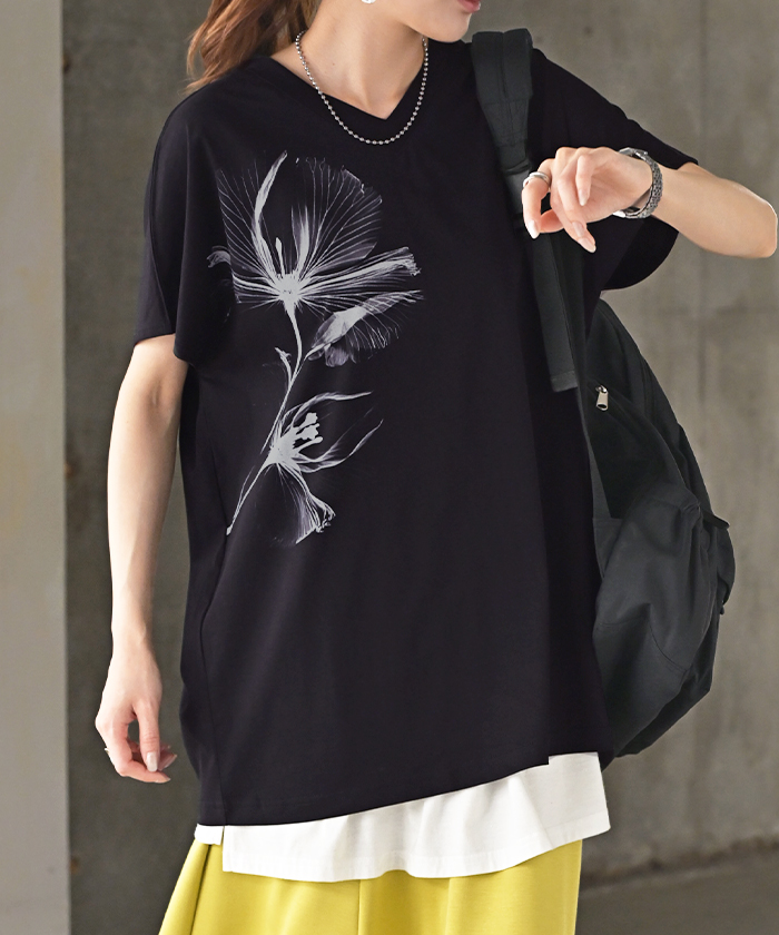 Tシャツ 花柄 接触冷感 レディース トップス 半袖 カットソー ロング ティーシャツ チュニック ビッグ プラスサイズ | HUG.U | 02