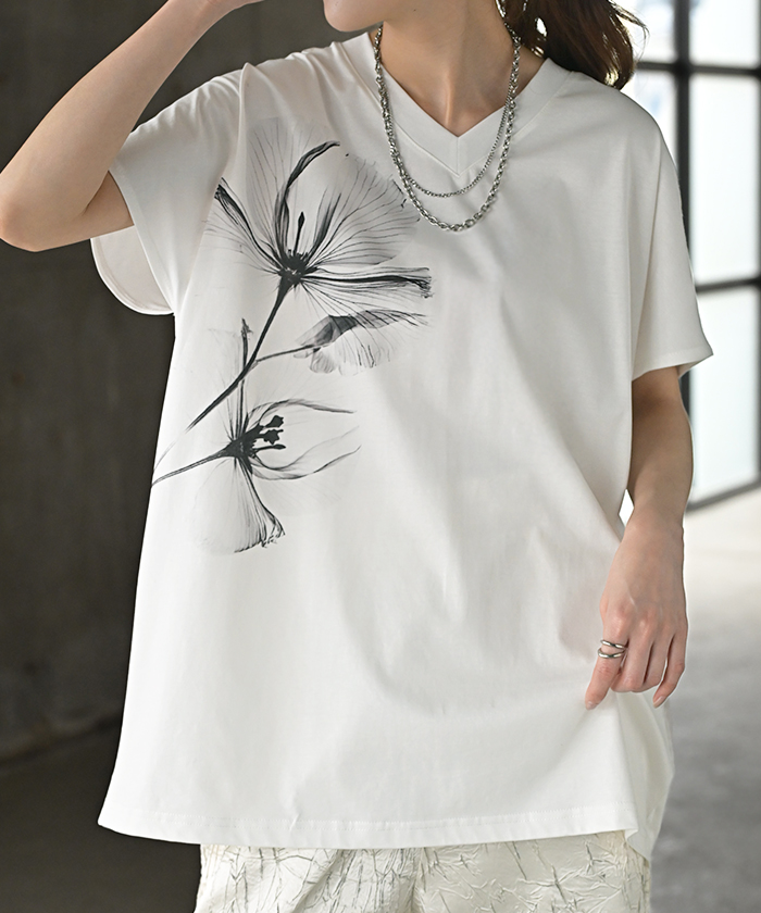 Tシャツ 花柄 接触冷感 レディース トップス 半袖 カットソー ロング ティーシャツ チュニック ビッグ プラスサイズ | HUG.U | 01