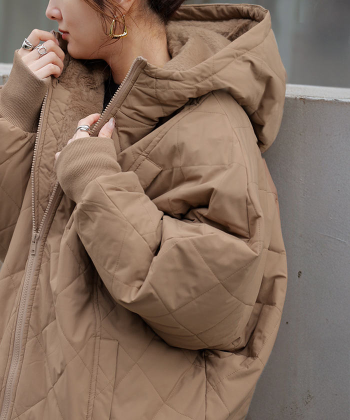 アウター 中綿 キルティング 撥水 裏 ファー レディース ロング ロングコート パーカー ジャケット ブルゾン オーバー コート ミリタリー | HUG.U | 01