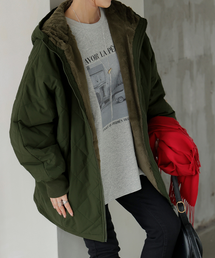 アウター 中綿 キルティング 撥水 裏 ファー レディース ロング ロングコート パーカー ジャケット ブルゾン オーバー コート ミリタリー | HUG.U | 02
