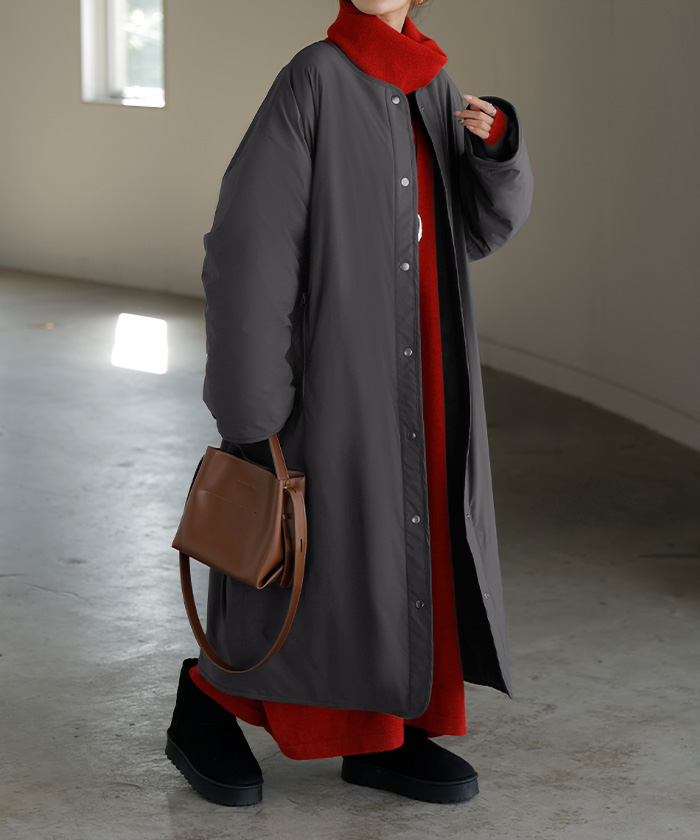 アウター コート ロング 中綿 撥水 マフラー レディース ロングコート ジャケット フリース あったか 吸湿 発熱 オーバー YKK ノーカラー ドロップショルダー | HUG.U | 01