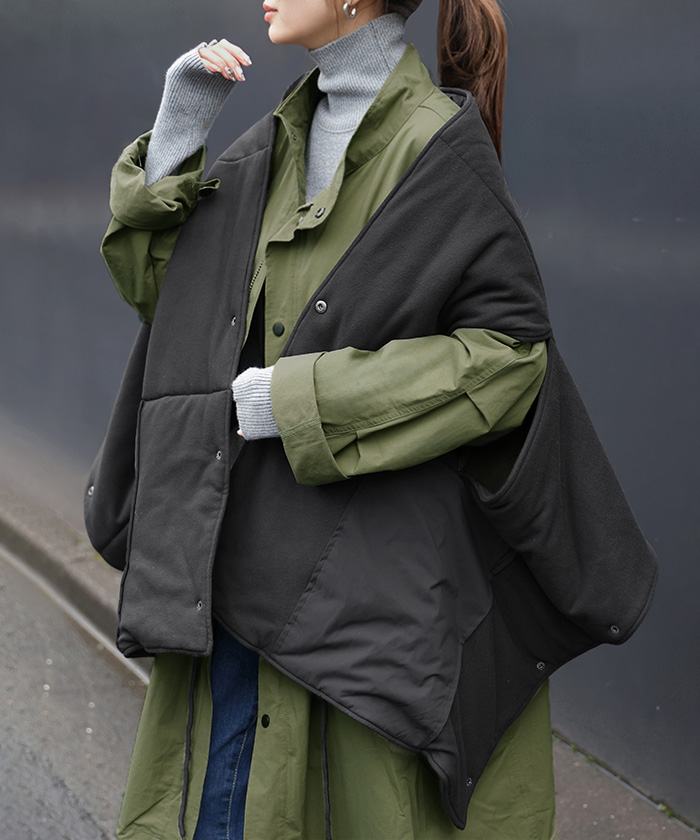 ベスト 着るマフラー ボレロ レディース ロング 3WAY アウター ジャケット ショール リバーシブル フリース 中綿 大判 ブランケット 前開き 羽織 | HUG.U | 01