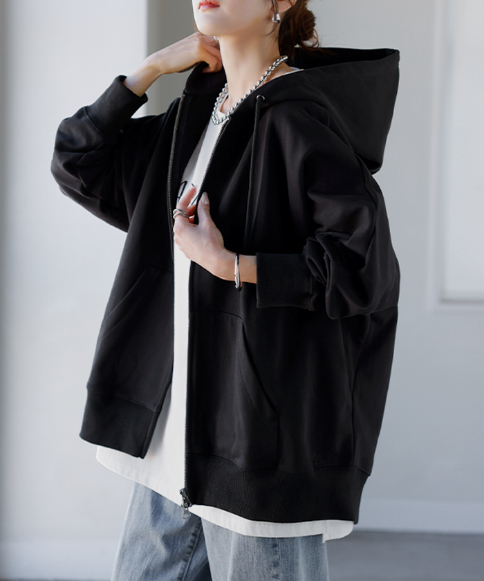 パーカー ドルマン ダブルジップ レディース トップス アウター ロング フード フーディー ドルマンスリーブ リブ レイヤード ライトアウター ロングパーカー | HUG.U | 06