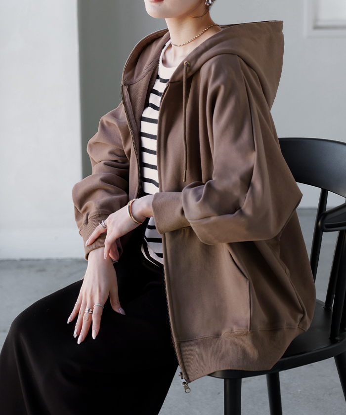 パーカー ドルマン ダブルジップ レディース トップス アウター ロング フード フーディー ドルマンスリーブ リブ レイヤード ライトアウター ロングパーカー | HUG.U | 02