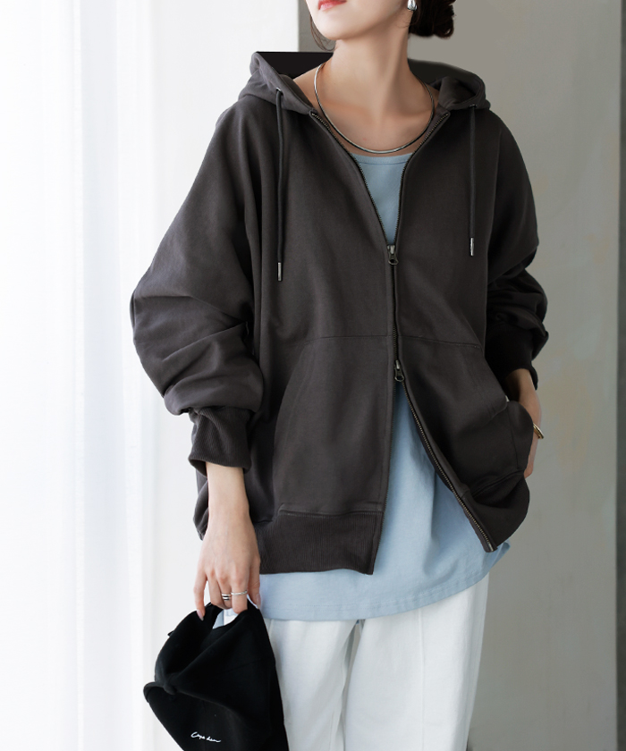 パーカー ドルマン ダブルジップ レディース トップス アウター ロング フード フーディー ドルマンスリーブ リブ レイヤード ライトアウター ロングパーカー | HUG.U | 03