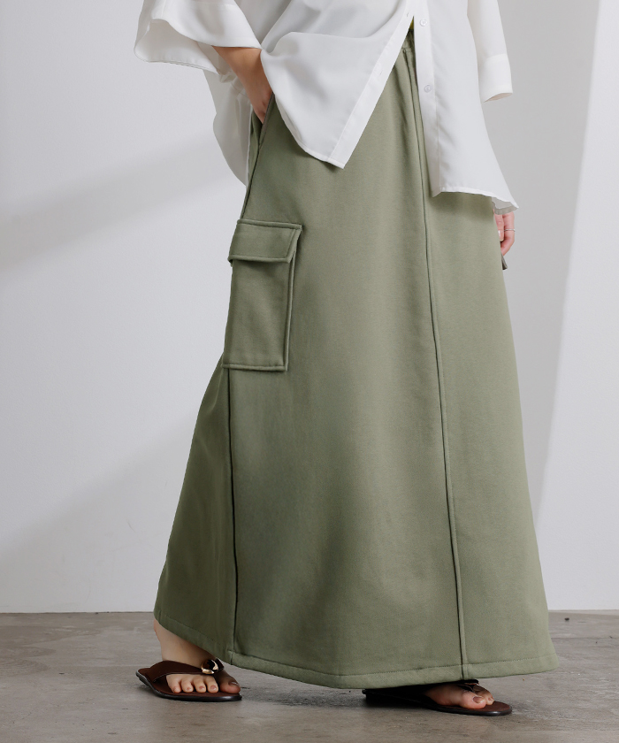 スカート スウェット ロング カーゴ Aライン レディース ロングスカート ウエストゴム ボトムス | HUG.U | 03