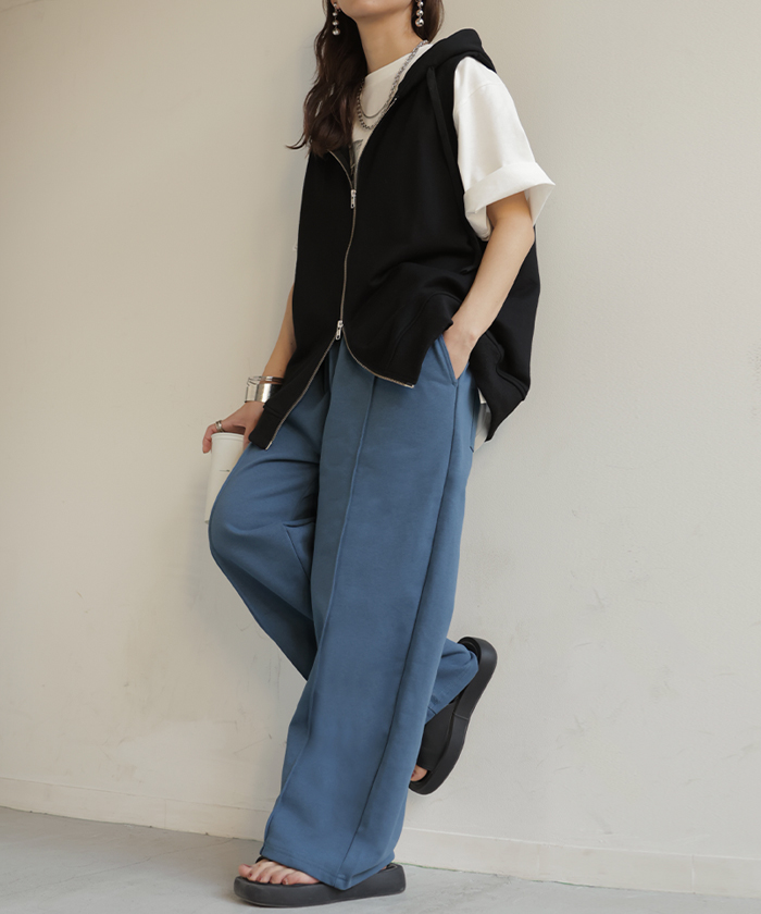 パンツ ワイド タックパンツ 選べる 2丈 スウェット レディース タック ワイドパンツ ロング ロングパンツ 体型カバー ボトムス ボトム センター | HUG.U | 04