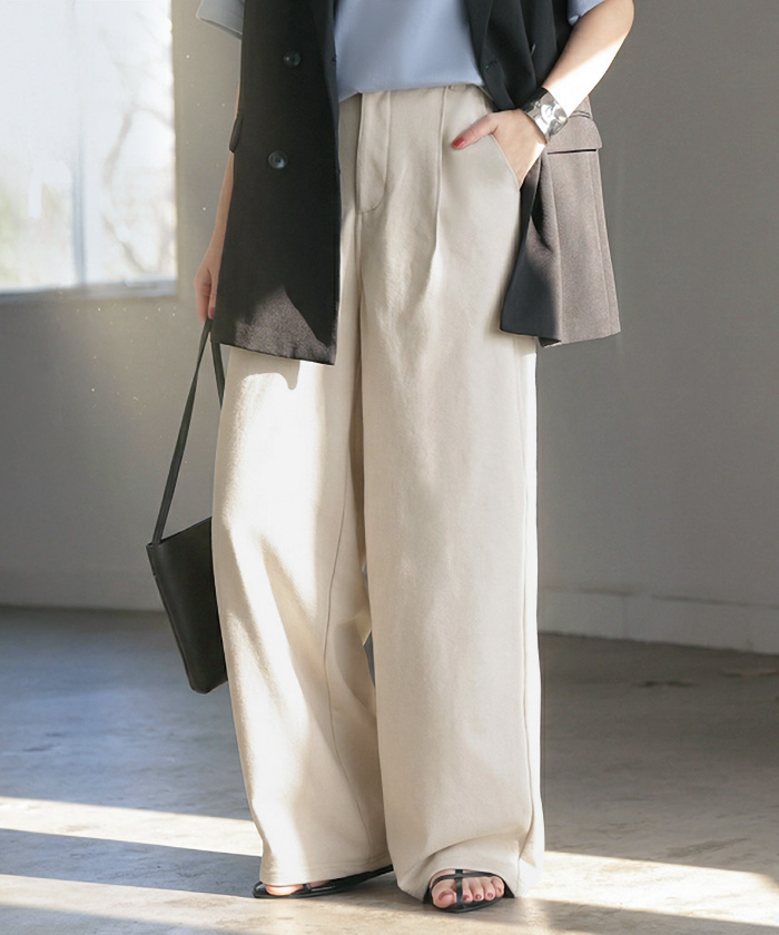 パンツ ロング ワイド スウェット " 選べる 2丈 " スラックス レディース タック ワイドパンツ ロングパンツ ボトムス ずぼん ウエストゴム ハイウエスト | HUG.U | 01