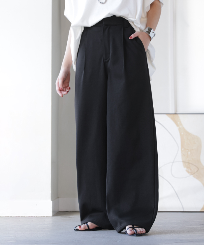 パンツ ロング ワイド スウェット " 選べる 2丈 " スラックス レディース タック ワイドパンツ ロングパンツ ボトムス ずぼん ウエストゴム ハイウエスト | HUG.U | 04