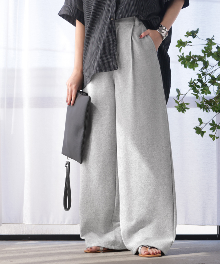 パンツ ロング ワイド スウェット " 選べる 2丈 " スラックス レディース タック ワイドパンツ ロングパンツ ボトムス ずぼん ウエストゴム ハイウエスト | HUG.U | 02