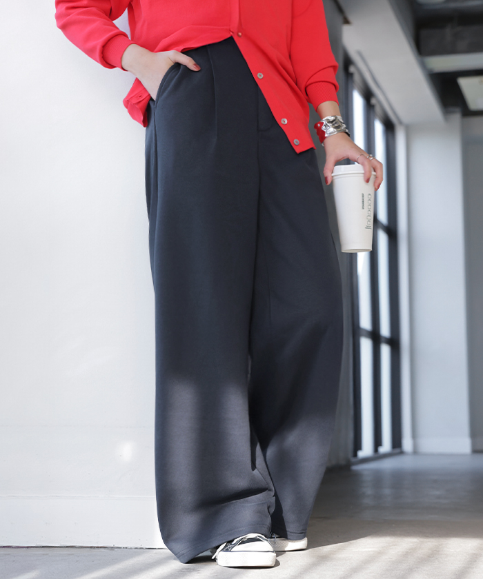 パンツ ロング ワイド スウェット " 選べる 2丈 " スラックス レディース タック ワイドパンツ ロングパンツ ボトムス ずぼん ウエストゴム ハイウエスト | HUG.U | 03