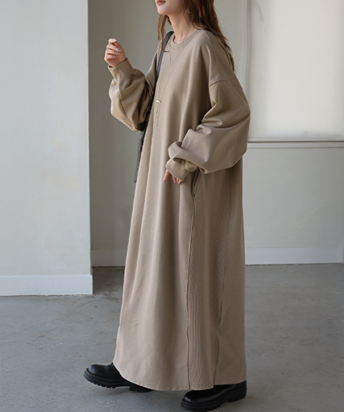 ワンピース スウェット お手入れ簡単 ロング 選べる 2丈 ワンピ レディース ロングワンピース スエット トレーナー Aライン マキシワンピース | HUG.U | 01