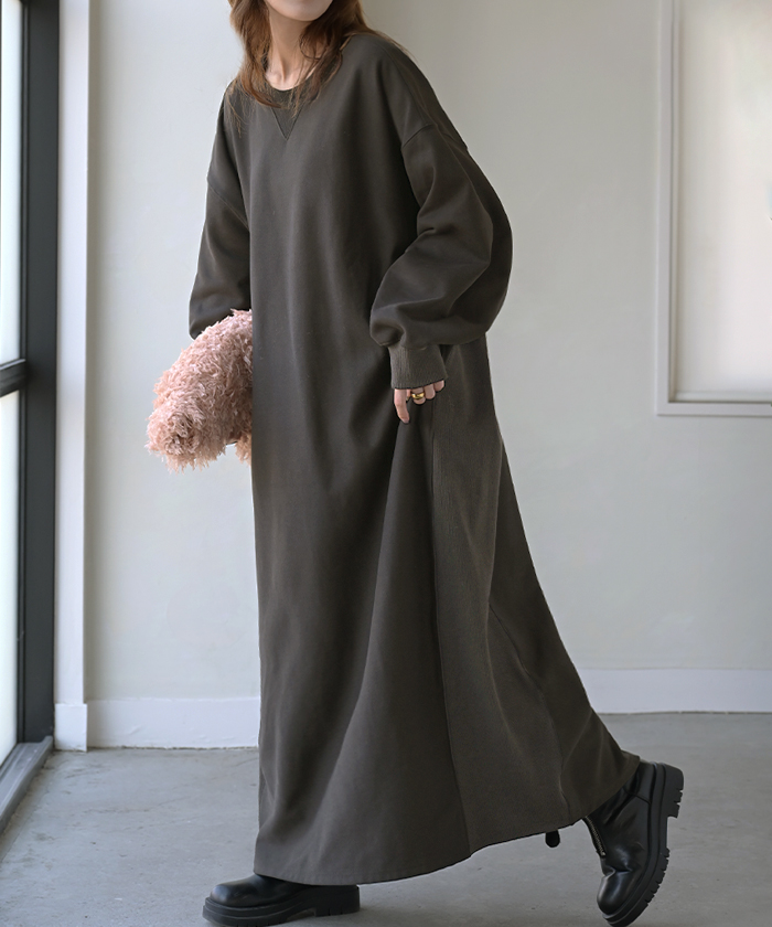 ワンピース スウェット お手入れ簡単 ロング 選べる 2丈 ワンピ レディース ロングワンピース スエット トレーナー Aライン マキシワンピース | HUG.U | 03