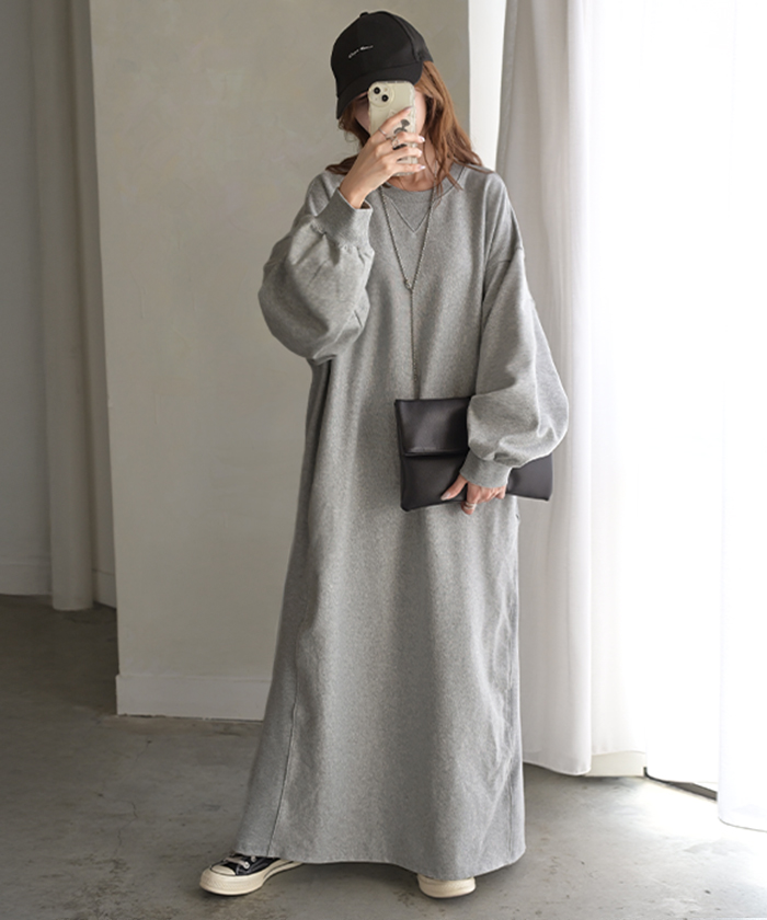 ワンピース スウェット お手入れ簡単 ロング 選べる 2丈 ワンピ レディース ロングワンピース スエット トレーナー Aライン マキシワンピース | HUG.U | 02