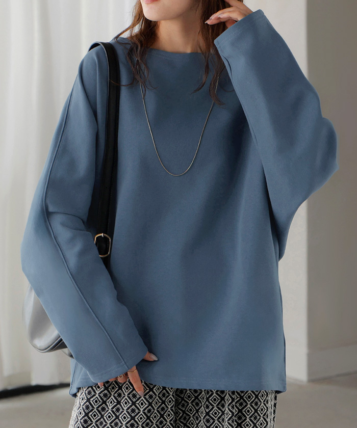 カットソー ロンT 裏 パイル ボートネック レディース トップス 長袖 Tシャツ ロング ティーシャツ ビッグ プラスサイズ ウラケ 裏毛 長い ドルマン | HUG.U | 05