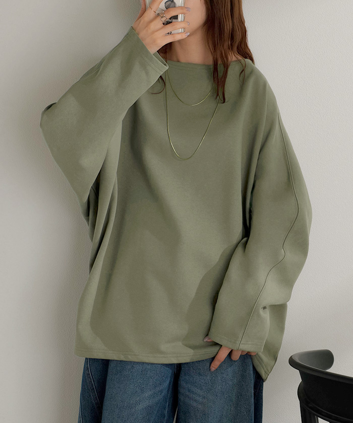 カットソー ロンT 裏 パイル ボートネック レディース トップス 長袖 Tシャツ ロング ティーシャツ ビッグ プラスサイズ ウラケ 裏毛 長い ドルマン | HUG.U | 02