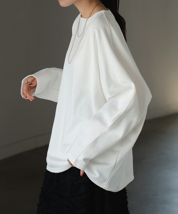 カットソー ロンT 裏 パイル ボートネック レディース トップス 長袖 Tシャツ ロング ティーシャツ ビッグ プラスサイズ ウラケ 裏毛 長い ドルマン | HUG.U | 01