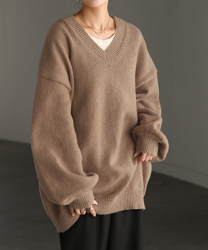 ニット Vネック トップス レディース ぽわん袖 パフスリーブ リブニット ライトニット セーター ロング | HUG.U | 03