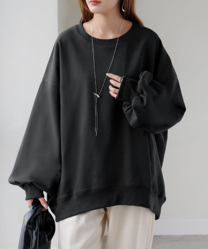 スウェット ロング ボリュームスリーブ トップス レディース プルオーバー トレーナー オーバー 無地 長袖 長い クルーネック Uネック リブ | HUG.U | 12