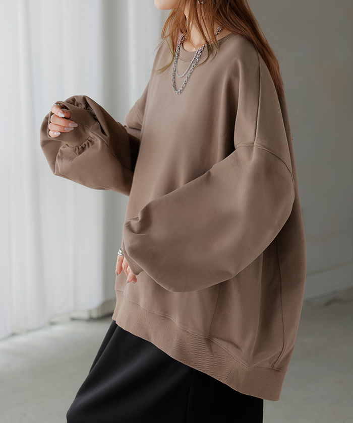 スウェット ロング ボリュームスリーブ トップス レディース プルオーバー トレーナー オーバー 無地 長袖 長い クルーネック Uネック リブ | HUG.U | 02