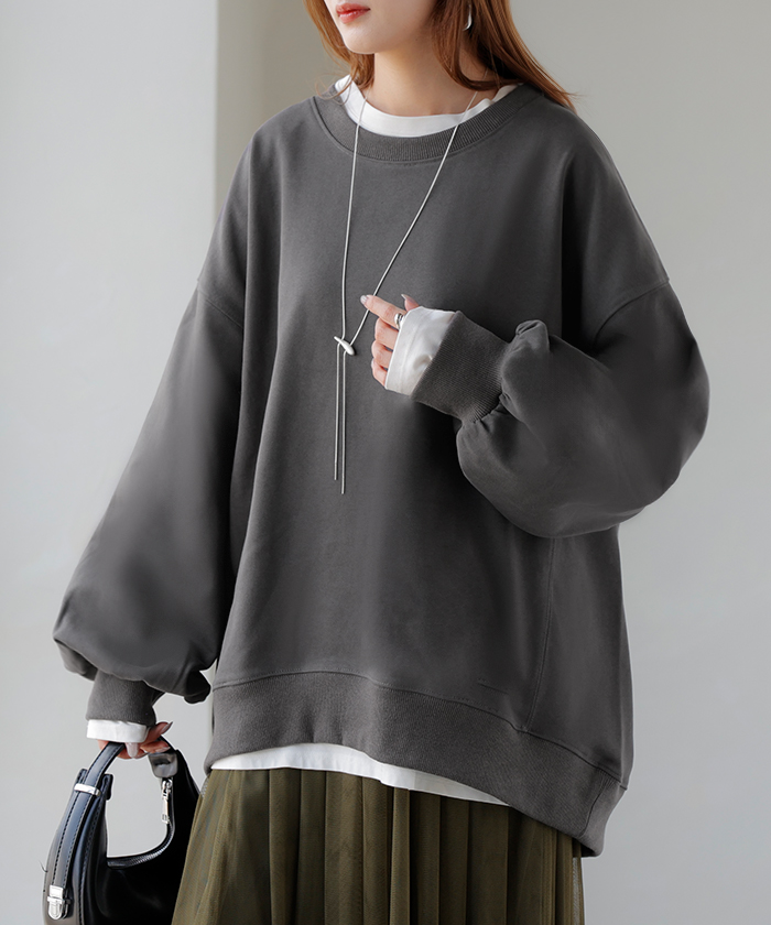 スウェット ロング ボリュームスリーブ トップス レディース プルオーバー トレーナー オーバー 無地 長袖 長い クルーネック Uネック リブ | HUG.U | 05