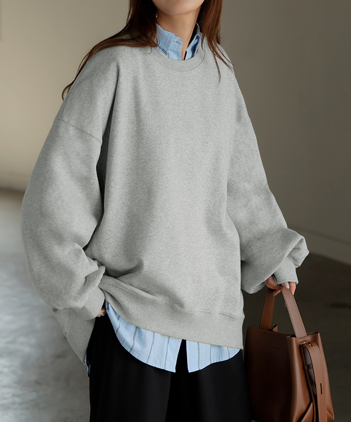 スウェット ロング ボリュームスリーブ トップス レディース プルオーバー トレーナー オーバー 無地 長袖 長い クルーネック Uネック リブ | HUG.U | 06