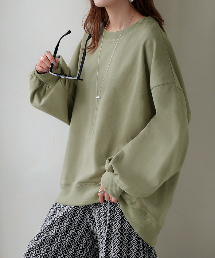 スウェット ロング ボリュームスリーブ トップス レディース プルオーバー トレーナー オーバー 無地 長袖 長い クルーネック Uネック リブ | HUG.U | 07