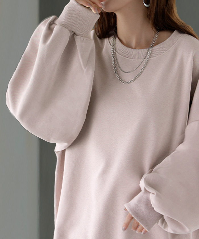 スウェット ロング ボリュームスリーブ トップス レディース プルオーバー トレーナー オーバー 無地 長袖 長い クルーネック Uネック リブ | HUG.U | 08