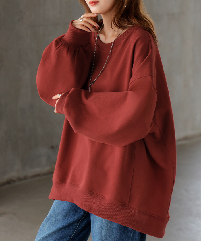 スウェット ロング ボリュームスリーブ トップス レディース プルオーバー トレーナー オーバー 無地 長袖 長い クルーネック Uネック リブ | HUG.U | 10